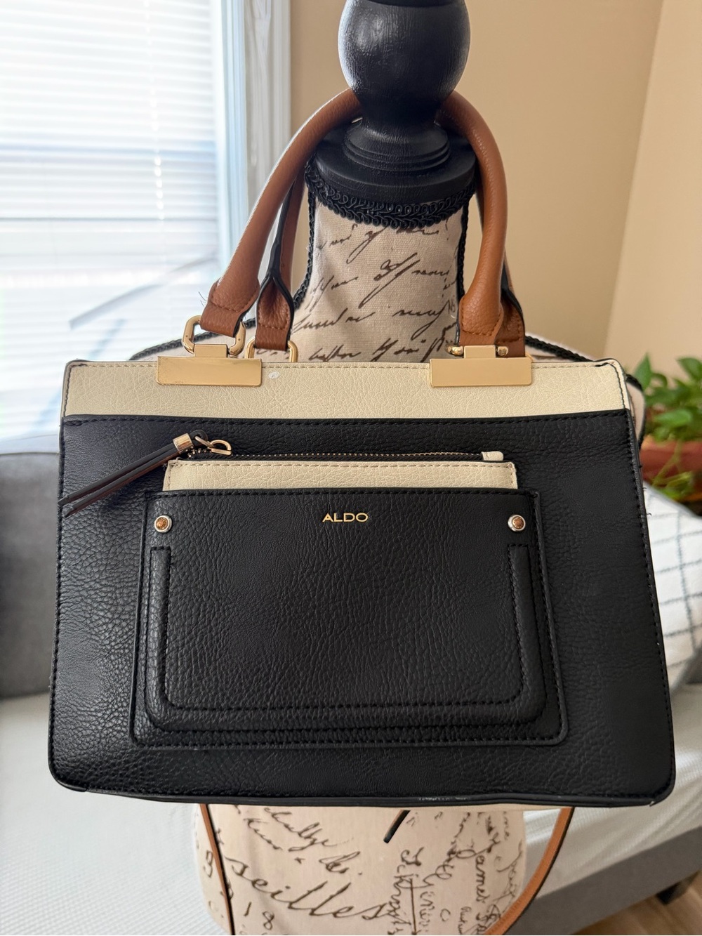 ALDO Black, Cream & Brown Colorblock Structured Satchel